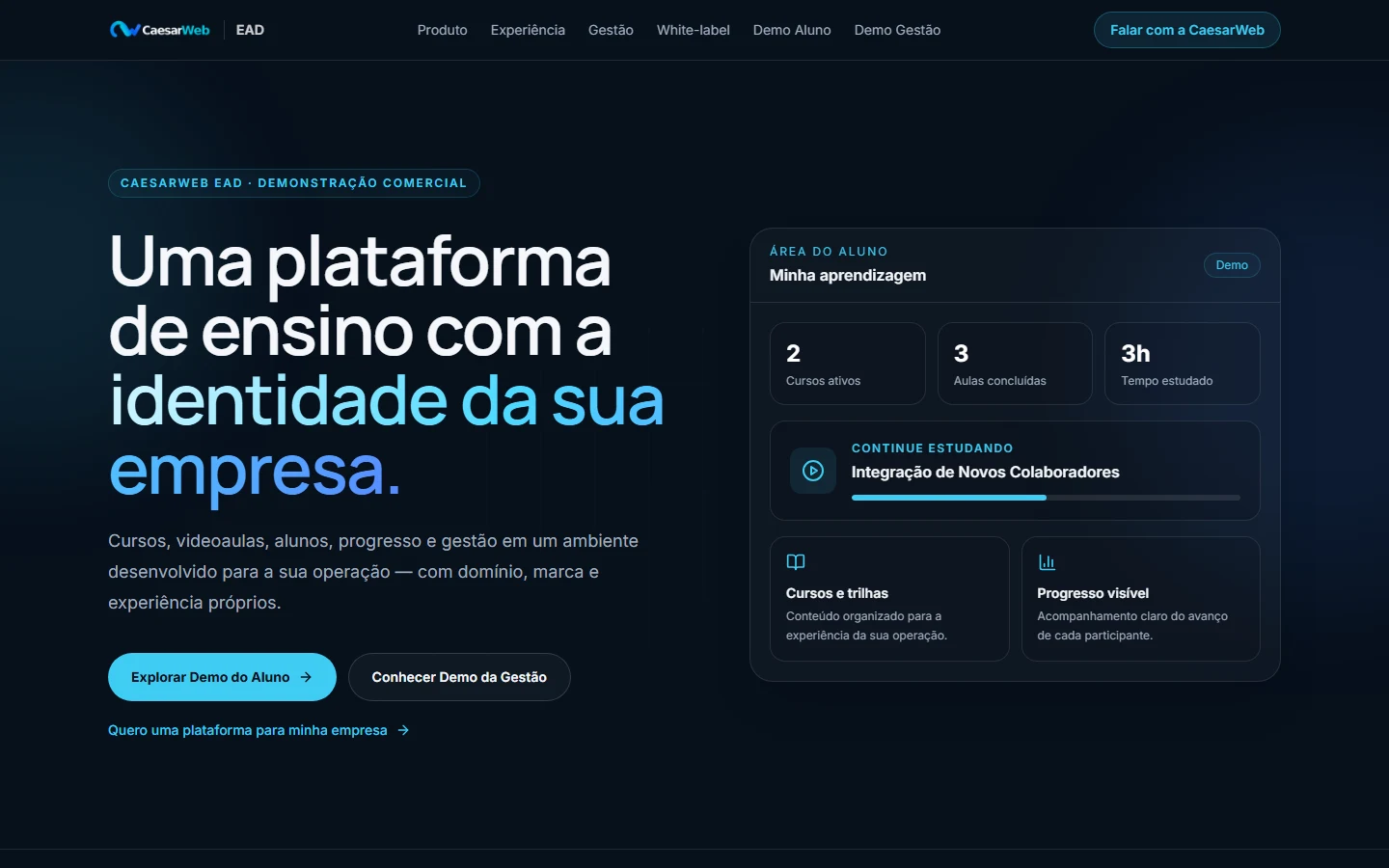 Plataforma CaesarWeb EAD Demo com ambiente de cursos, área do aluno e gestão.